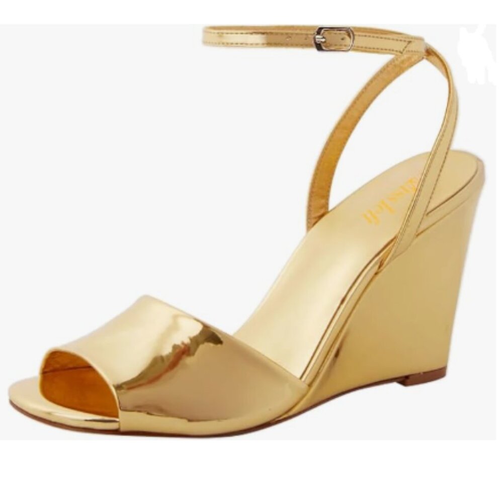 miss left Gold Open Toe Wedge High Heel Sandals Crossed Ankle Strap Shoes